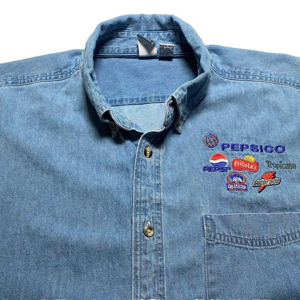 90s Y2K Pepsico Shirt XL Mens L/S Button Down Denim Embroidered Company Retro